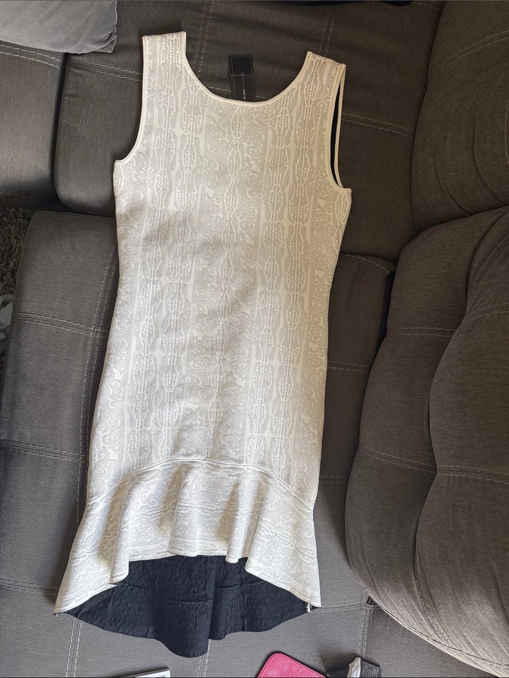 BCBG Lace-Texture Sleeveless Ruffle-Hem Dress